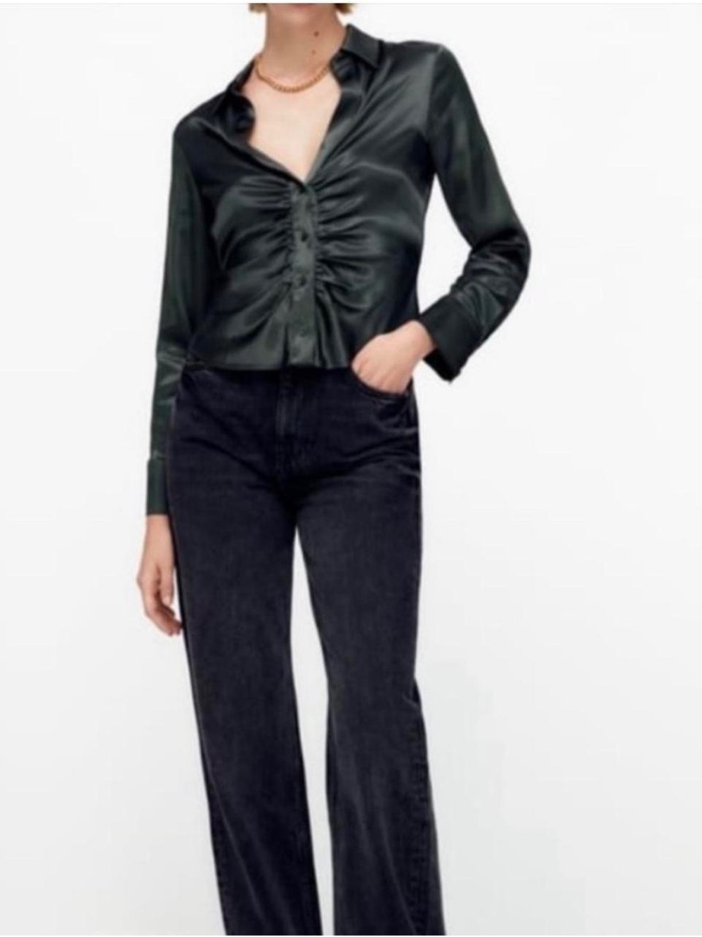 Zara Satin Ruched Button Front Blouse - Deep Forest Green